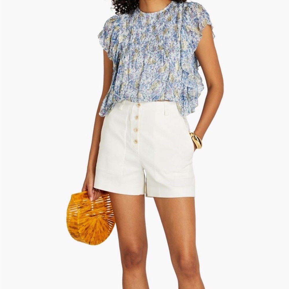 ROCOCO SAND Ruffled printed metallic fil coupé crepe top in Blue Purple XS Boho